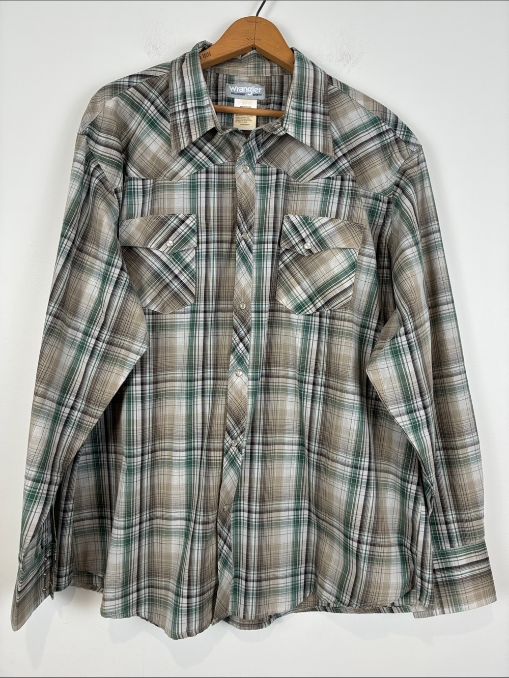 Vintage Pearl Snap Wrangler Shirt Plaid Western Green Mens XXL Rancher Wrancher